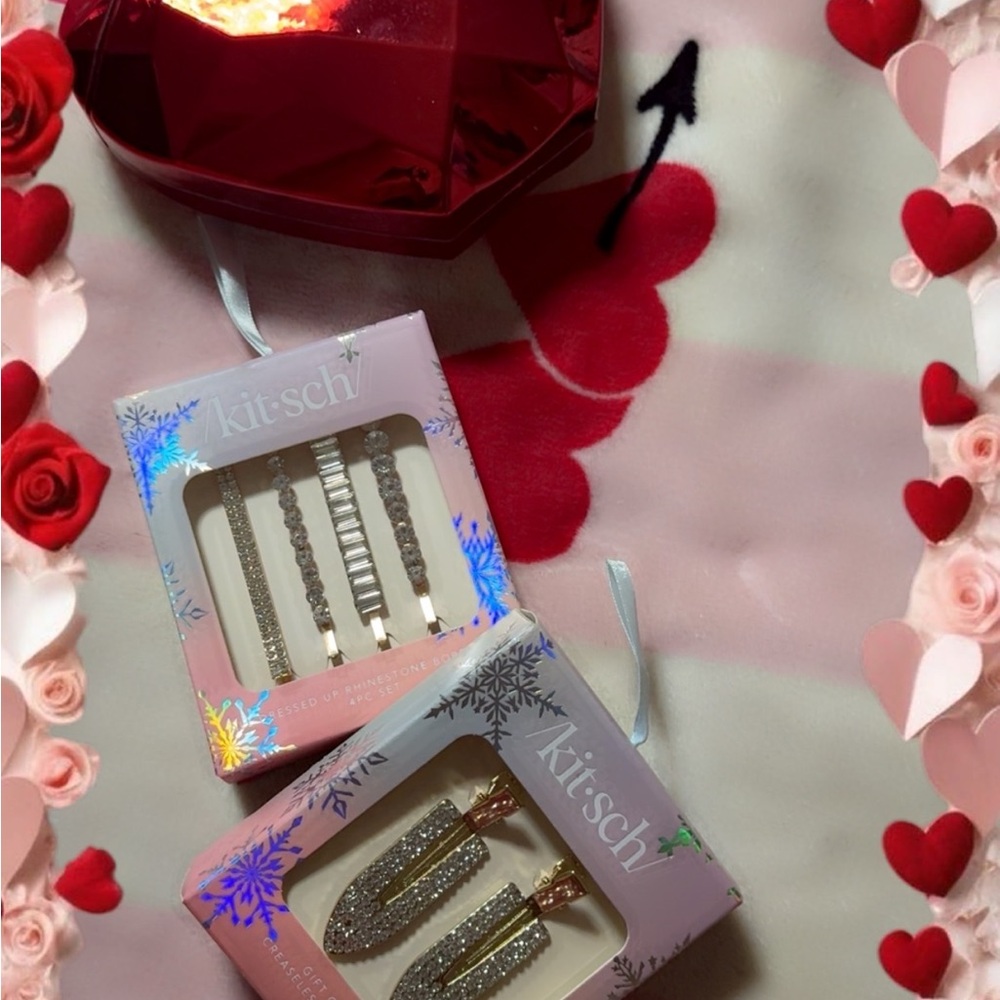 Kitsch Glittery Hair Clip and Tie Set - Pink and Gold